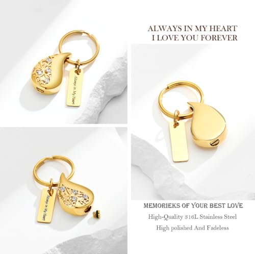 zeqingjw Cremation Jewelry Teardrop Urn Keychain for Ashes Tree of Life Urn Ashes Cremation Memorial Keepsake Keychain - color: Gold