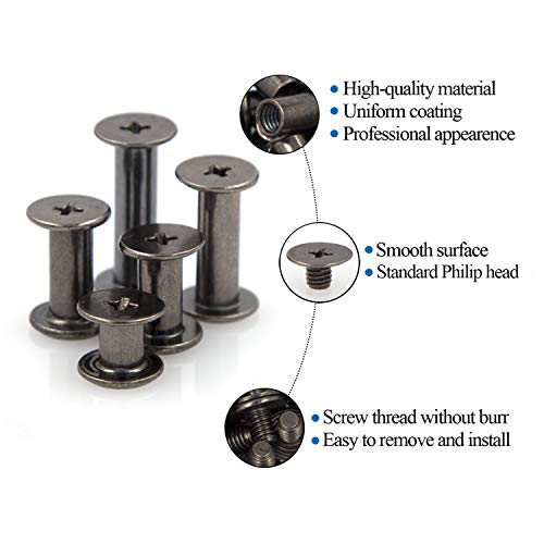 Alloypro 75 Sets Chicago Screws Assorted Kit 5 Size GunMetal Leather Rivets Black Screw Rivets Slotted Phillip Head Book Binding Posts Nail Rivet Chicago Bolt for DIY Leather Craft (5 x 6,10,12,15,18) - size: Gun Metal-6,10,12,15,18