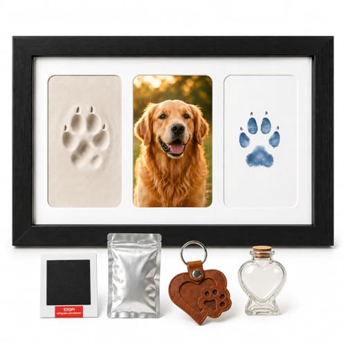 Black Pet Paw Print Keepsake Photo Frame, Mess-Free 3-Panel Wooden Pet Loss Memorial Kit for Dog & Cat - color: black