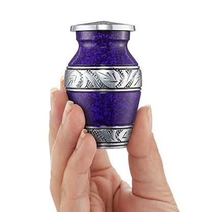 Reminded Small Cremation Keepsake Urns for Human Ashes, Set of 4 Purple and Silver Miniature Urns with Velvet Case and Bags - color: Purple
