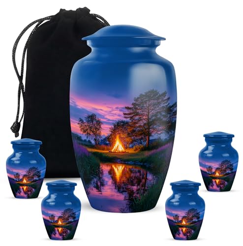 Campfire Adult Cremation Funeral Urn for Human Ashes, Keepsake Memorial Gift, Beautiful Handcrafted Small Urns for Ash Container, Combo, 1 Large 10 Inch & 2 Mini 3 Inch - color: Campfire 3, size: 10"+3"Combo-3