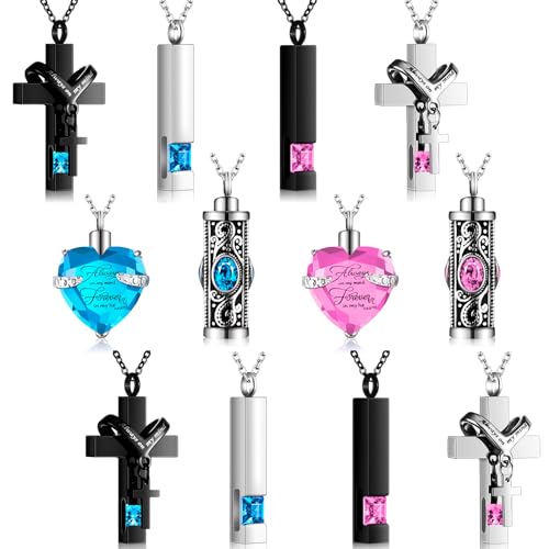12 Pcs Urn Necklace for Ashes Bulk Cremation Cross Heart Cubic Jewelry Stainless Steel Memorial Locket for Men Women - color: Blue, Pink
