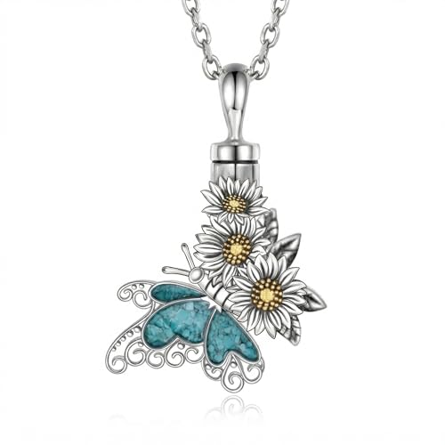 Butterfly Urn Necklace for Ashes 925 Sterling Silver Turquoise Daisy Pendant Cremation Memorial KeepsakeJewelry Gift for Women