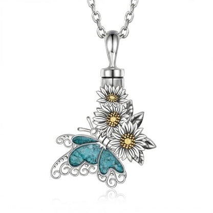 Butterfly Urn Necklace for Ashes 925 Sterling Silver Turquoise Daisy Pendant Cremation Memorial KeepsakeJewelry Gift for Women