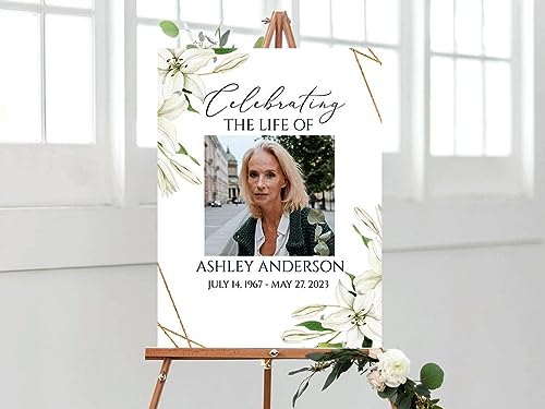 Celebration Of Life Welcome Sign, White Lilies Funeral Signs, In Loving Memory Sign - color: Version #13