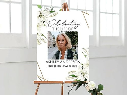 Celebration Of Life Welcome Sign, White Lilies Funeral Signs, In Loving Memory Sign - color: Version #13