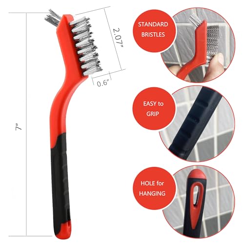 Wire Brush 9Pcs Metal Scrubber - Nylon/Brass/Stainless Steel Bristles with Curved Handle Grip for Cleaning Rust Removal, Dirt, Paint Scrubbing with Deep Cleaning – 7 Inches