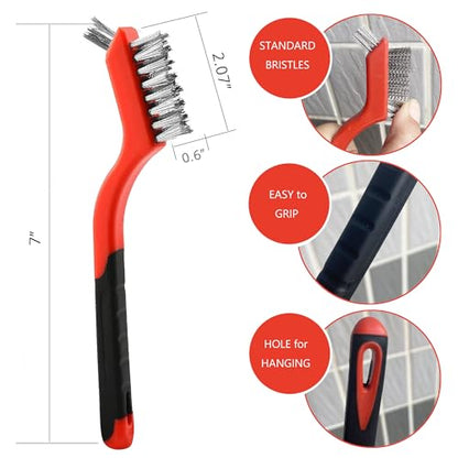 Wire Brush 9Pcs Metal Scrubber - Nylon/Brass/Stainless Steel Bristles with Curved Handle Grip for Cleaning Rust Removal, Dirt, Paint Scrubbing with Deep Cleaning – 7 Inches
