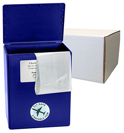 CarrySafe TSA-Approved Travel Urn Kit – Guaranteed Fly-Safe Temporary Cremation Urn for Human Ashes – Includes Personalization – Airline Friendly, 200 Cu in, Blue Plastic with Travel Box - color: Blue Personalized