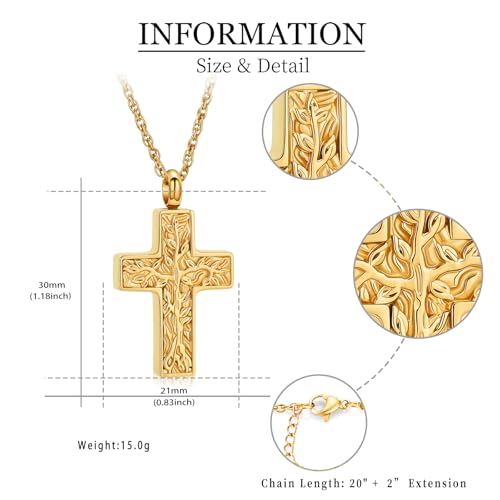 shajwo Tree of Life Cross Cremation Jewelry Urn Necklaces for Ashes | Memorial Ashes Pendant Necklace of Loved One Women Men Ashes Keepsake Necklace - color: Gold