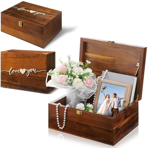Threehoney Large Wooden Wedding Keepsake Box with Lid,Love | 12 x 9 x 5.5 Inch Memory Storage, Engagement Gift for Couples Newlyweds, Bridal Shower Organizer, Photo Jewelry Holder - style: Love