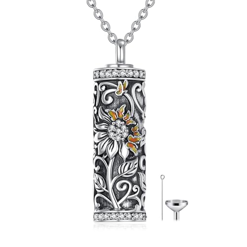 925 Sterling Silver Urn Necklace for Ashes, Teardrop/Tree of Life/Sunflower/Dragonfly/Sea Turtle/Celtic Knot/Elephant/Hummingbird Memorial Cremation Pendant Necklaces for Animal Human Ashes - color: B2: Sunflower-oxidized