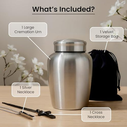 Stainless Steel Silver Urn for Ashes Adult Male & Female, Cremation urns for Human Ashes Man & Women, Set of 3 Includes 1 Large Urn & 1 Silver & Black Cross Necklace - color: Stainless Steel Urn - Single Urn
