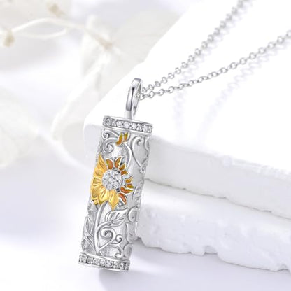 925 Sterling Silver Urn Necklace for Ashes, Teardrop/Tree of Life/Sunflower/Dragonfly/Sea Turtle/Celtic Knot/Elephant/Hummingbird Memorial Cremation Pendant Necklaces for Animal Human Ashes - color: B: Sunflower