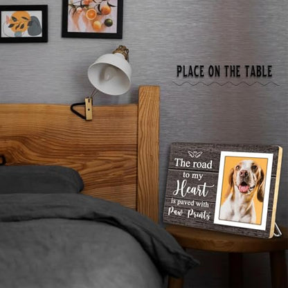 Pet Picture Frame, Pet Wooden Photo Frames Gift, Gifts for Dog Dad Mom, Dog Lovers Gift, Picture Frame for Dogs Cat Pets that Passed, The Road To My Heart Is Paved With Paw Prints, 4x6Inch Photo - color: Dark brown