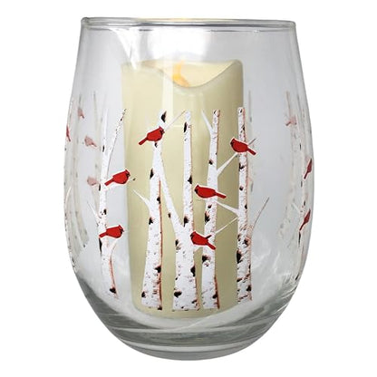 Stemless Wine Glass Candleholder - Cardinal Design with Lighted Candle, 4.75" Tall - Set of 2