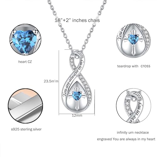 ZOEXUE Infinity Cross Cremation Jewelry - S925 Sterling Silver Cross Urn Necklace for Women - Birthstone Cross with Heart CZ Ashes Keepsake Pendant Memorial Urn Jewelry Gift for A Loss Loved Ones - color: blue