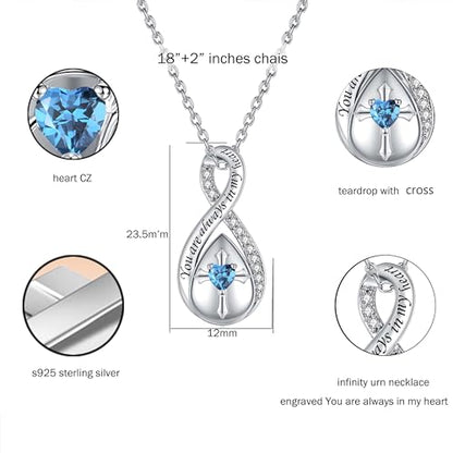 ZOEXUE Infinity Cross Cremation Jewelry - S925 Sterling Silver Cross Urn Necklace for Women - Birthstone Cross with Heart CZ Ashes Keepsake Pendant Memorial Urn Jewelry Gift for A Loss Loved Ones - color: blue