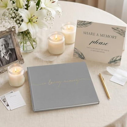 Funeral Guest Book for Memorial Service, in Loving Memory 9x7.5 | 320 Entries, Table Sign Card Included, Gold Stamping, Twill-Textured Paper Cover, Celebration of Life Keepsake, Gray - color: Gray