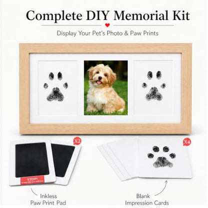 Pet Memorial Photo Frame, No-Mess Paw Print Ink Pad Kit for Dog Cat, Rustic Pet Loss Sympathy Keepsake, Cherish Furry Family Member Memory（Natural Wood） - color: natural wood