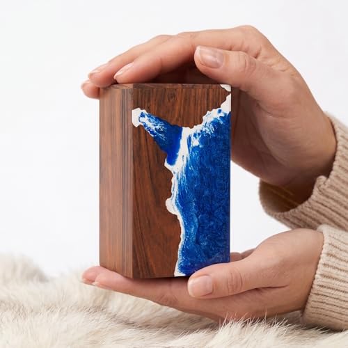 Handcrafted Rosewood Wooden Urn for Human or Pet Ashes – 11"x6"x6" Large Cremation Urn with Blue Resin Ocean Wave Inlay – Memorial Funeral Box for Adults up to 250 lbs (Blue, Keepsake 20 Cu.in) - size: Keepsake 20 Cu.In