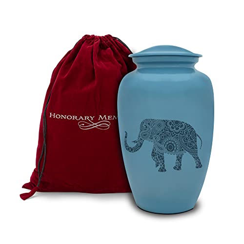 Indian Elephant Cremation Urn for Human Ashes - Handmade Cremation Urn - Adult Burial Urn - Blue Urn with Spiritual Design - Comes with Bag - color: Indian Elephant, size: 1 Large Urn