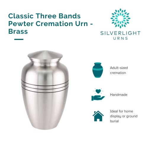 Classic Three Bands Pewter Cremation Urn for Ashes, Brass, Silver Urn, Adult Sized Cremation Urn, 9.75 Inches High - size: Adult Urn
