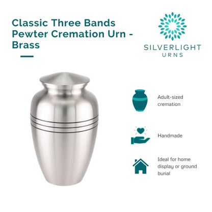 Classic Three Bands Pewter Cremation Urn for Ashes, Brass, Silver Urn, Adult Sized Cremation Urn, 9.75 Inches High - size: Adult Urn