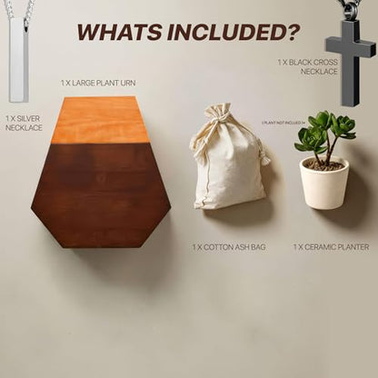Americurn Plant Cremation Urns for Human Ashes Adult Male & Female Includes 1 Large Urn & 1 Silver & 1 Black Cross Necklace- Wooden Urns for Human Ashes - color: Single Large Urn