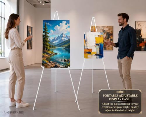 MXG 7-66" Adjustable Metal White Easel Stand for Painting, Sign & Display | Quick Setup Tripod Display Stand with 2 Clips, Portable Foldable Art Easel for Wedding,Posters & Exhibition - color: White
