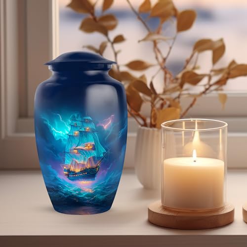 Sailing Ship Cremation Urn for Men - color: Ship Blue Urn-5, size: 10 Inch