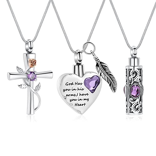 3 Pcs Cylinder/Cross/Heart Urn Necklace for Ashes Cremation Jewelry for Women Men Stainless Steel Memorial Necklaces Ash Holder for Human Pets Keepsake Jewelry for Loved Ones with Fill Tool - color: Purple