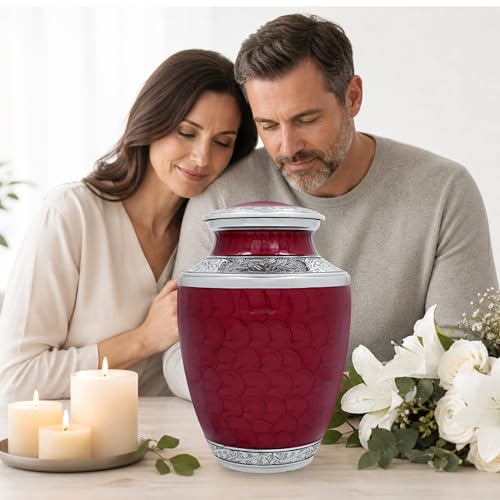 CLEENTABLE Metal Alloy Cremation Urn for Human Ashes, Maroon & Silver - color: Maroon, size: 6.5x11"