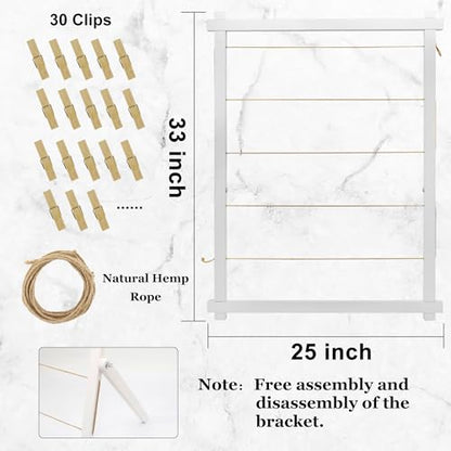 FramePro Wood Photo Display Board with Clips (White) | Freestanding stable desktop frame, holds up to 30 photos, ideal graduation table centerpiece decor - color: White