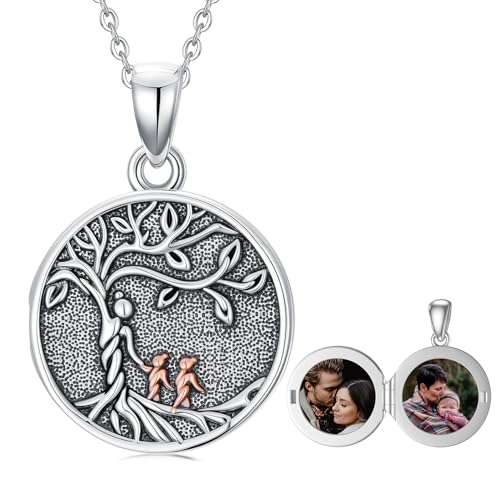 Locket Necklace for Women 925 Sterling Silver Celtic Locket Pendant Necklace Moonstone/Turquoise/Black Agate Heart Shaped Locket Necklace Jewelry Gifts for Women - style: Tree of Life Mother and Daughter