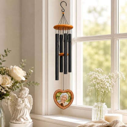 34 Inch Memorial Wind Chimes for Outside with Heart Photo Frame, Black - color: Black