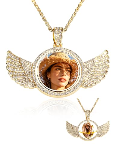 Custom Memorial Necklace with Picture - Personalized Circle Chain Angel Wings, Customized Angel Wing Gifts for Men Family Memory Necklaces - color: XZ