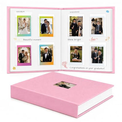 Ruibytree 128 Pockets Instant Mini Photo Album for 2x3 Pictures, Pink | Writing Space, Premium Vegan Leather, Flat-Fit Clear Pocket, Wedding Guest Book for Polaroid 2x3 Photos, Graduation Keepsakes - color: 128 Pocket Pink
