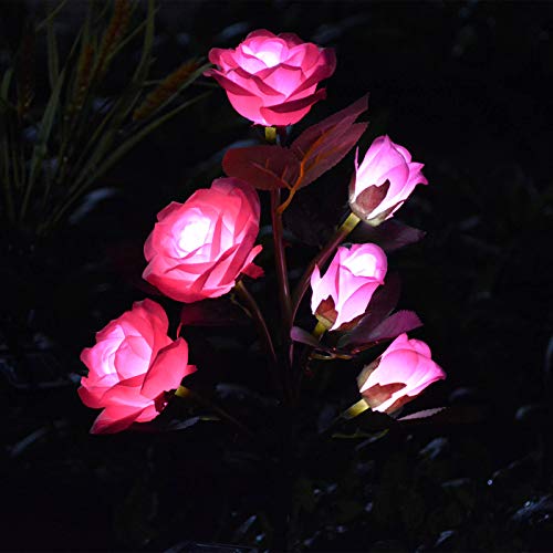 [Upgraded 6 Flowers]Solar Garden Decorative Artificial Flowers Lights, Outdoor Waterproof Rose Stake Light for Country Yard Front Porch Step Pathway Memorial Cemetery Grave Gravesite Decor,Pink - color: Pink