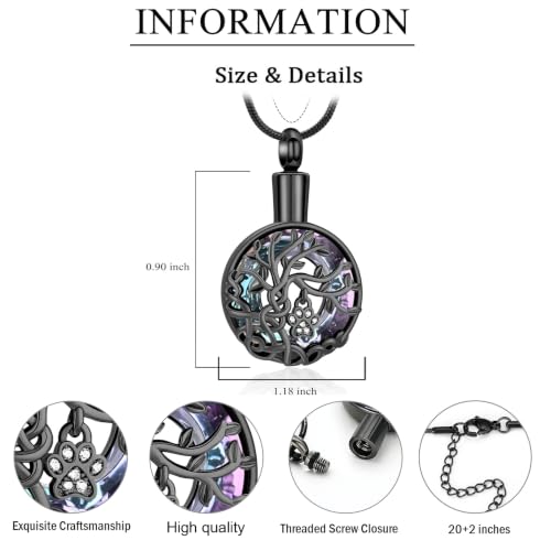 zeqingjw Pet Cremation Jewelry Tree of Life Urn Necklace for Ashes for Dog/Cat Funeral Ashes Keepsake Paw Print Urn Pendant Memorial Jewellery - color: Black-Purple