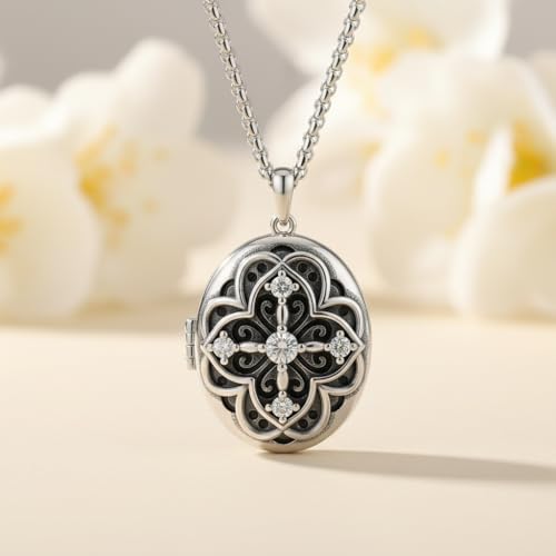 925 Sterling Silver Pictures Locket Necklace for Women Men - color: Black plated 8
