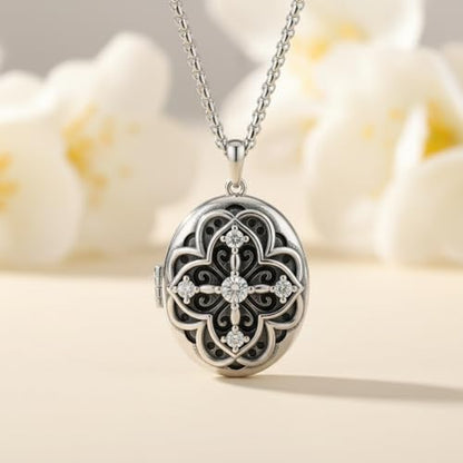 925 Sterling Silver Pictures Locket Necklace for Women Men - color: Black plated 8