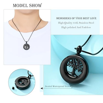 Hearbeingt Tree of Life Urn Necklaces for Ashes Circle Cremation Jewelry - color: A-Black