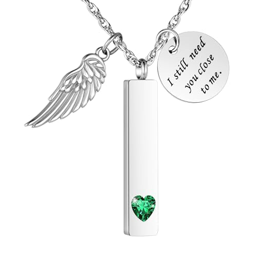 XIUDA Cremation Jewelry for Ashes with Angel Wing Charm Vertical Bar Urn Necklace Stainless Steel Memorial Keepsake Pendant for Women - color: Emerald