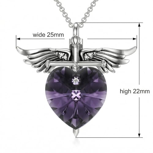 SOULMEET Memorial Wings Necklace for Ashes with Large Heart Crystal Birthstone, Angel Wings Urn Necklaces with Heart Shaped Birthstone Keepsake Silver Cremation Jewelry - style: F-June