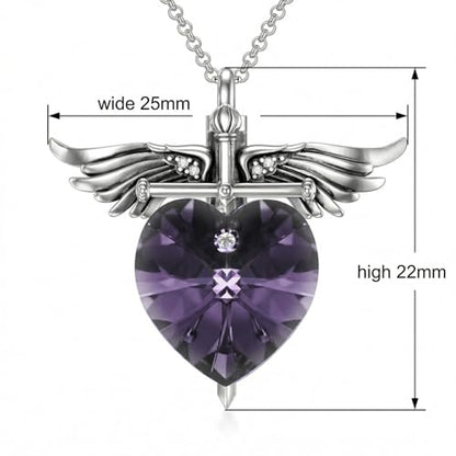 SOULMEET Memorial Wings Necklace for Ashes with Large Heart Crystal Birthstone, Angel Wings Urn Necklaces with Heart Shaped Birthstone Keepsake Silver Cremation Jewelry - style: F-June