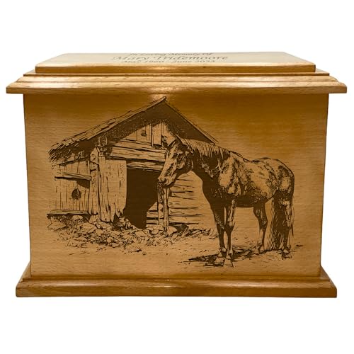 Wooden Urn for Human Ashes, Large Funeral Cremation Urn with Personlaization and Multiple Designs (Farm Horse)