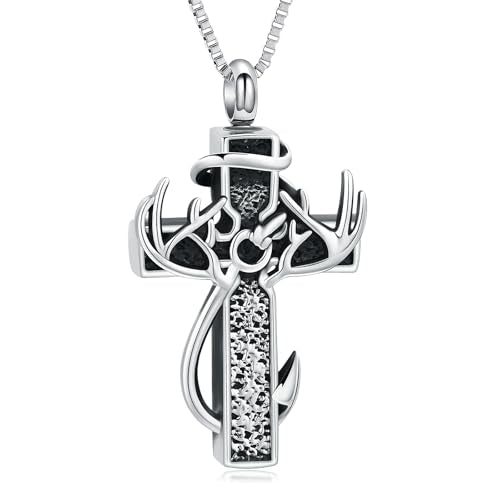 XSMZB Cross Cremation Jewelry Urn Necklace for Human Ashes Fish Hook Memorial Urn Pendant Deer Antler Cross Ashes Holder Keepsake Jewelry - color: Silver-Black