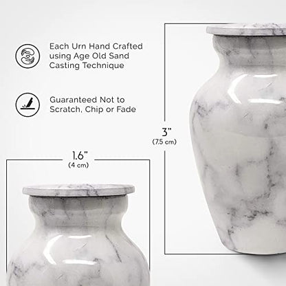 Set of 4 Elegant Marble Style Keepsake Urns – Metal Little Mini Urn for Human Ashes – Secure Screw Top – Small Personal Size – Carrara White Finish - color: 4 Carrara White