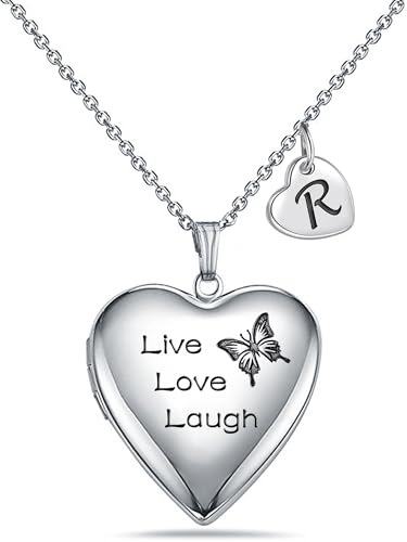 MUERDOU Butterfly Locket Necklace that Holds Pictures Initial Alphabet Letter Heart Shaped Photo Memory Locket Pendant Necklace - style: R